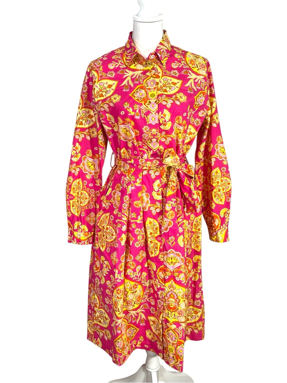 Caliban Pink Paisley Shirt Dress with Long Sleeves Matching Belt Pockets Size 48